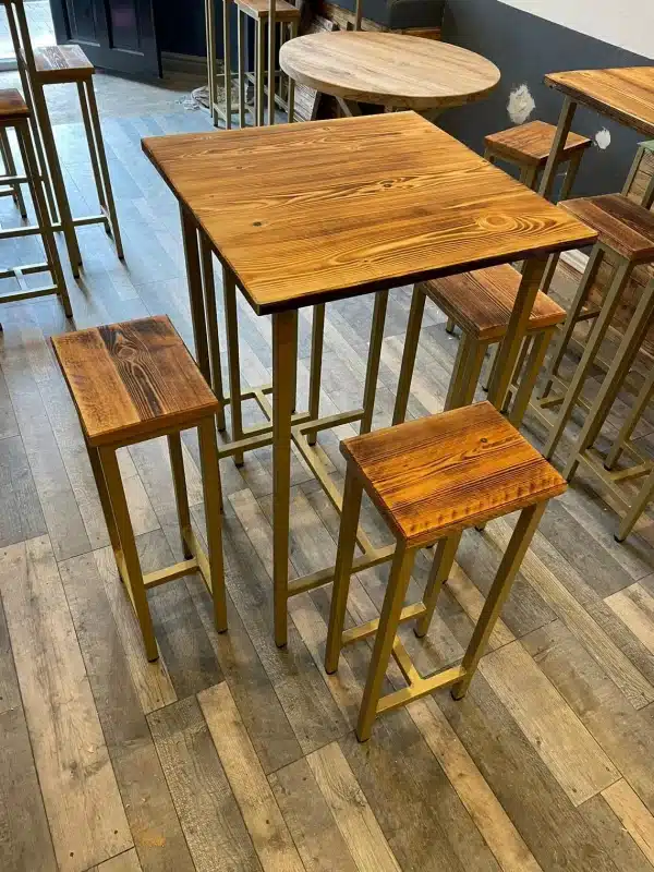 Tall Rustic Bar Table And Stool Set, Gold Steel Funky Timber