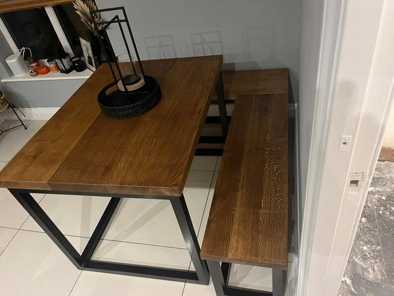 Solid Oak Industrial Style Kitchen Booth Table & Wrap Around Bench Set