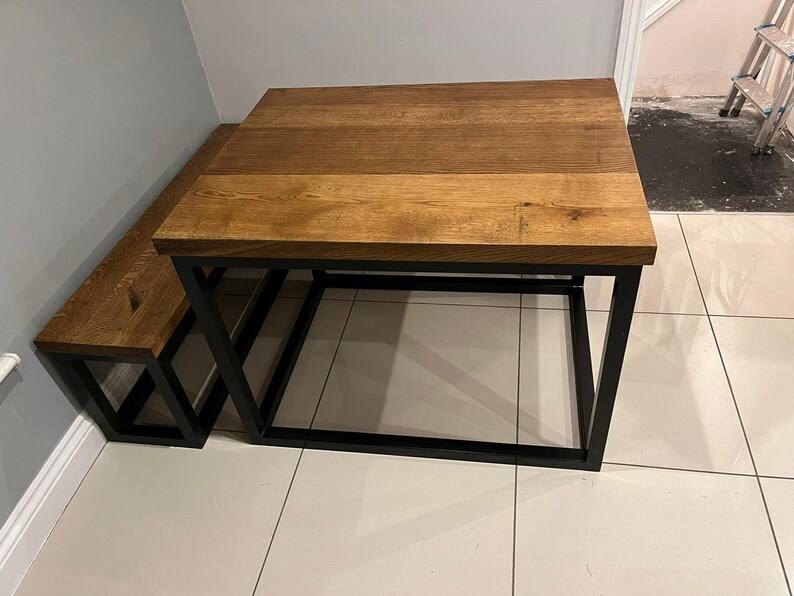Solid Oak Industrial Style Kitchen Booth Table & Wrap Around Bench Set