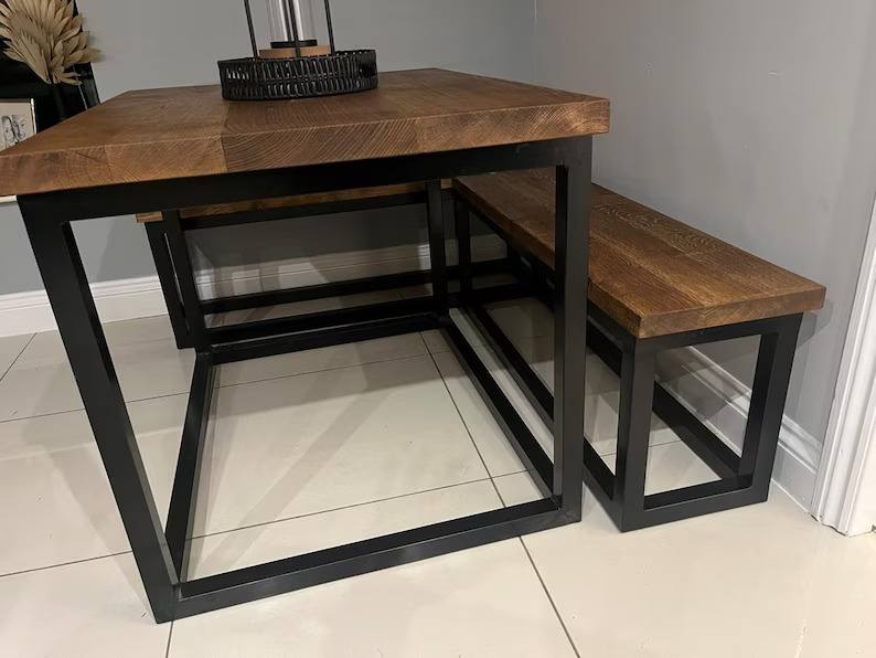 Solid Oak Industrial Style Kitchen Booth Table & Wrap Around Bench Set